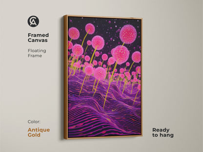 Framed canvas of fantasy plant decor. It displays surreal pink fungi and a wavy purple background. This abstract fungi painting has an antique gold floating frame. It is ready to hang. It is a captivating addition to your eclectic bedroom.
