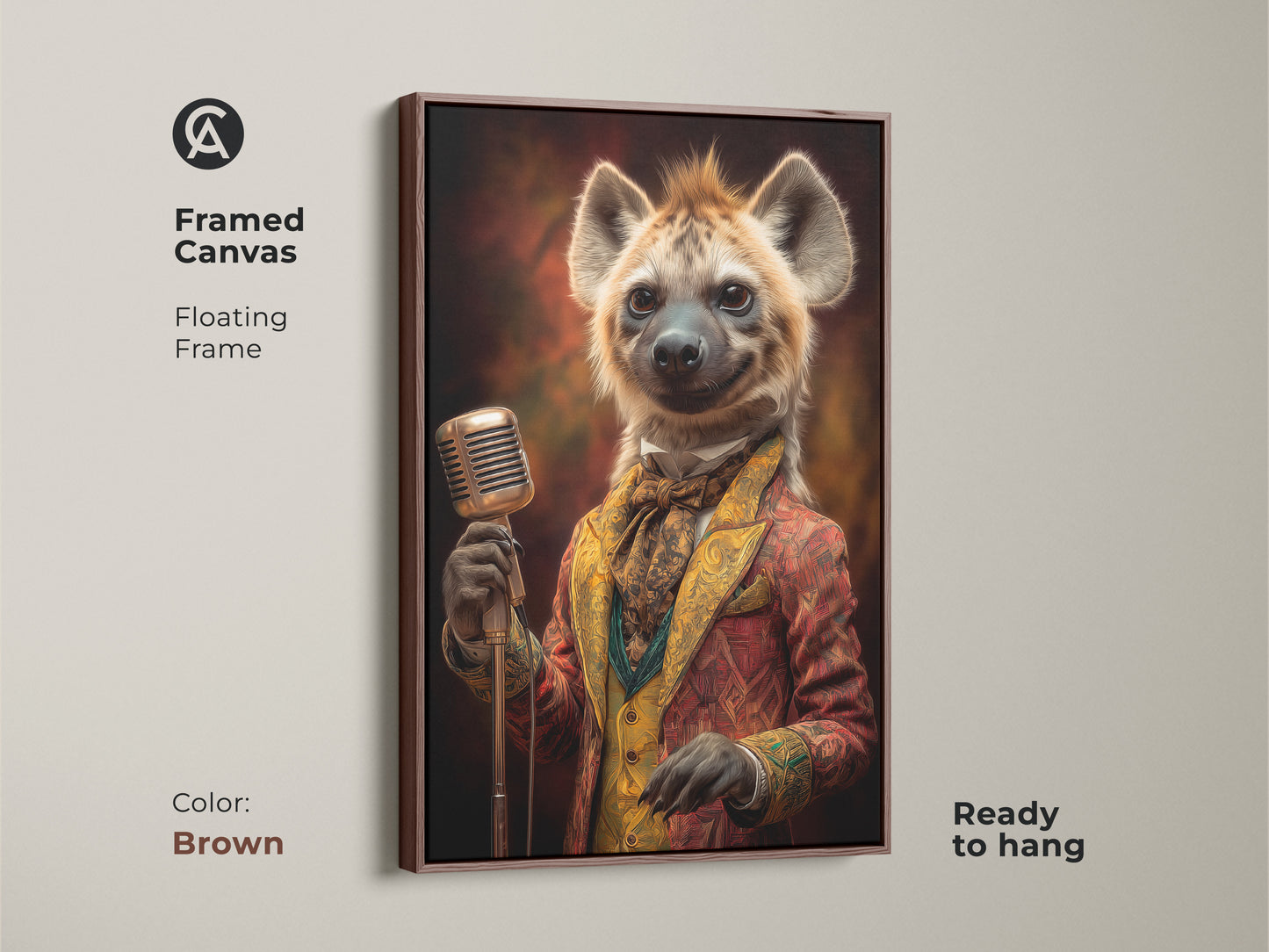 Framed canvas of a dapper hyena musician with a brown floating frame. The artwork is ready to hang and offers a retro animal print. This unique piece is perfect for music lovers who appreciate eclectic home decor. The vintage animal portrait adds charm.
