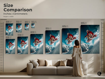 Compare sizes of this snowboarding art. Available in inches and centimeters for easy selection. See how the artwork fits above a sofa for scale. Choose from various sizes to suit your space. Find the perfect dimensions for your home decor needs today