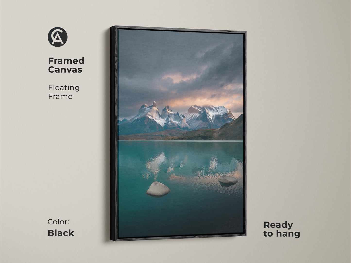 Framed canvas with a floating black frame showcasing a teal lake and mountain scene. Ready to hang this scenic artwork enhances your living space. This contemporary nature decor brings a calming touch. Ideal for outdoor enthusiasts. The deep blue gray artwork adds elegance to bedroom walls. A perfect housewarming gift.