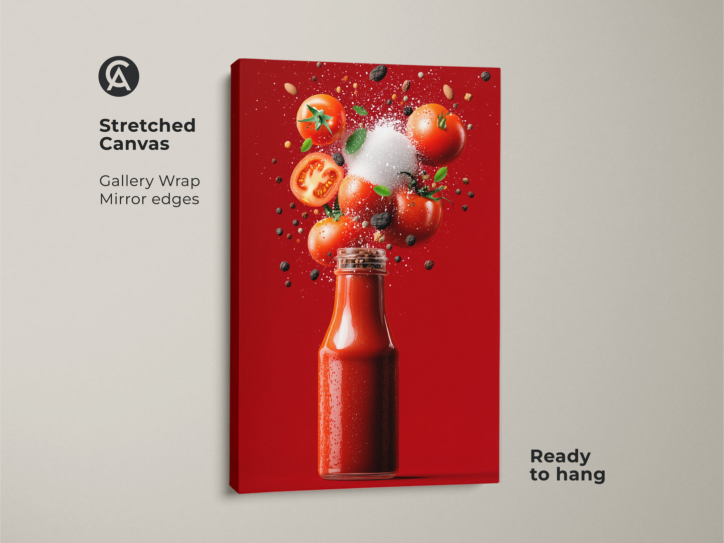 Stretched canvas print featuring a Tomato Ketchup Still Life. The gallery wrap has mirror edges for a clean look. The artwork shows a ketchup bottle and spices frozen in mid-air. Ready to hang in your kitchen.
