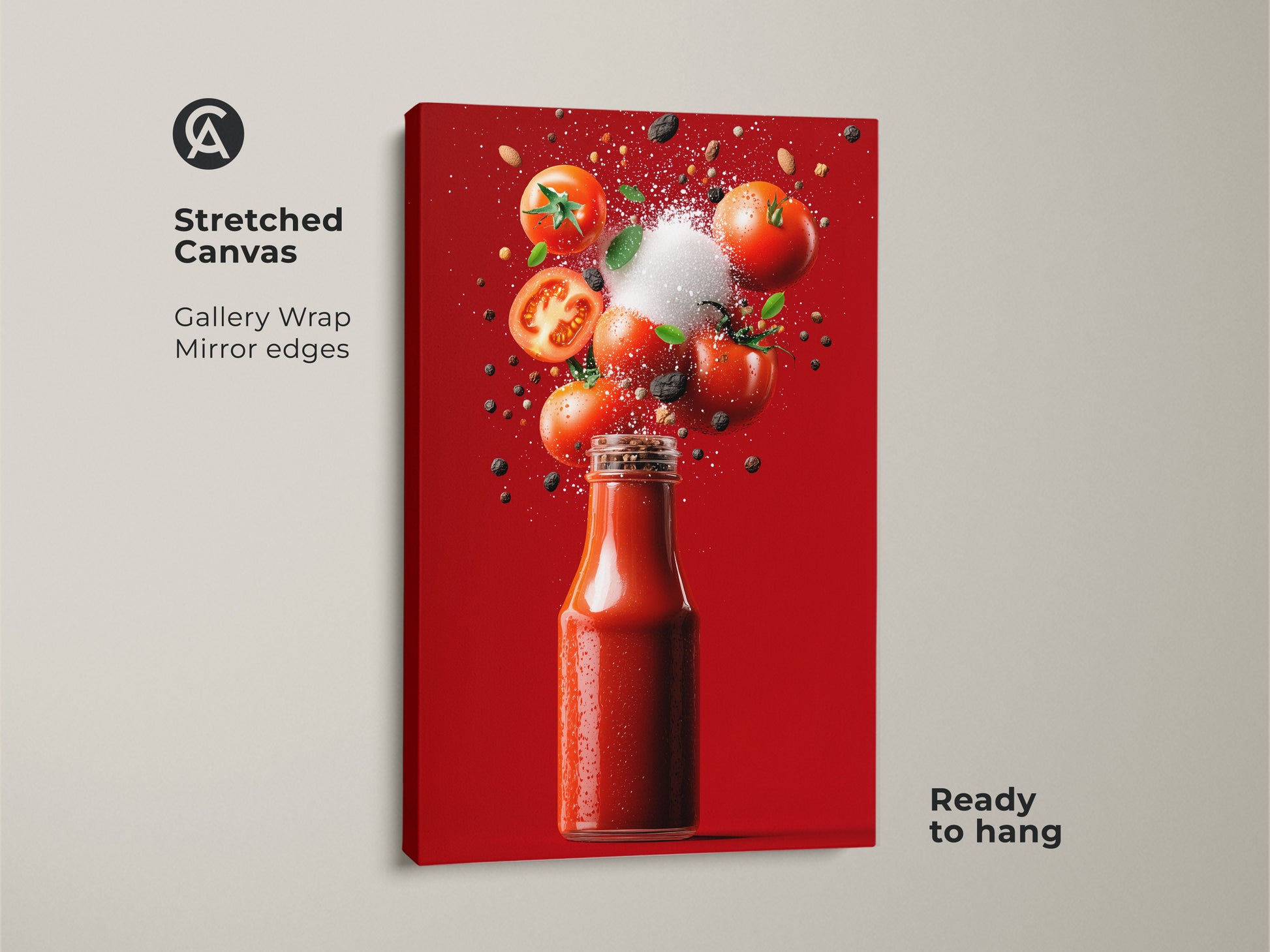 Stretched canvas print featuring a Tomato Ketchup Still Life. The gallery wrap has mirror edges for a clean look. The artwork shows a ketchup bottle and spices frozen in mid-air. Ready to hang in your kitchen.