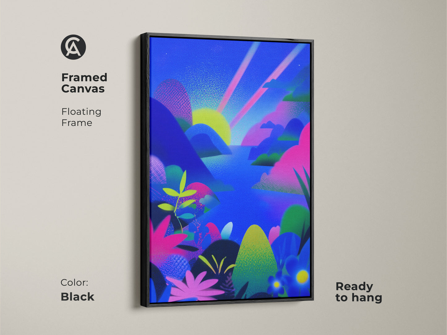 Framed canvas with a black floating frame. Fantasy abstract landscape art print. Blue green pink mountain sunset canvas wall art. Ready to hang in a bedroom or living room. Eclectic home artwork. A perfect gift for art lovers and those who appreciate nature.
