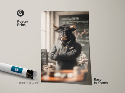 Poster print of a bull in a suit. The artwork depicts a bull in a business environment. Rolled in a tube for easy framing this poster brings a touch of Wall Street to your space. The print is easy to frame and display.