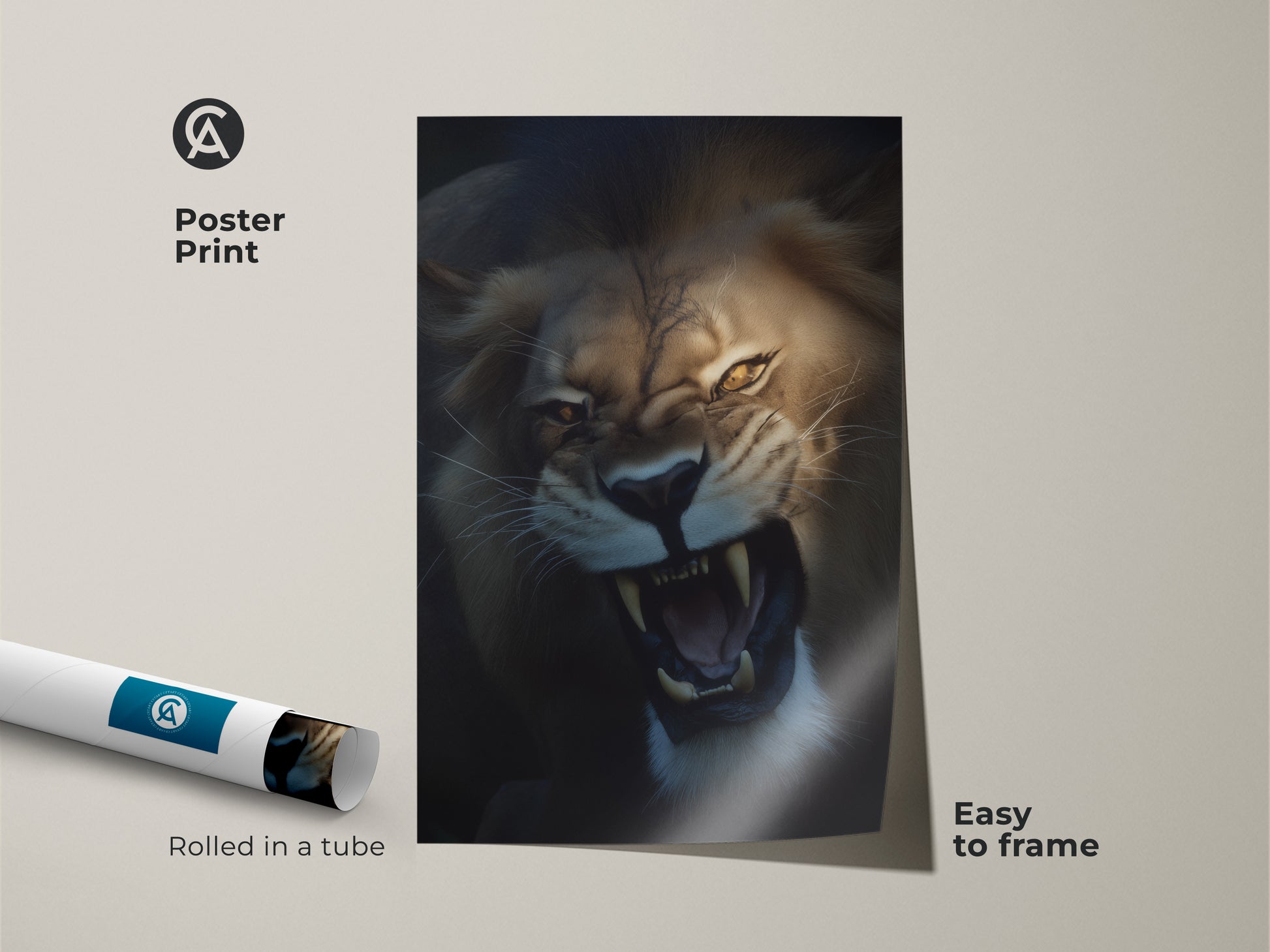 Roaring lion poster print showcasing its intensity. The golden yellow mane is a focal point. This wildlife animal artwork is easy to frame and comes rolled in a tube. It's a perfect contemporary animal print for any space.