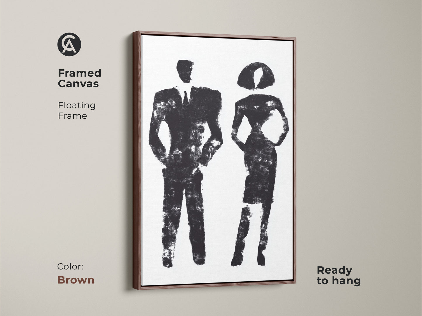 Monochrome canvas decor featuring minimalist abstract figures of a man and woman. This contemporary art piece is ideal for modern office wall art. It serves as a stylish and thoughtful business professional gift.