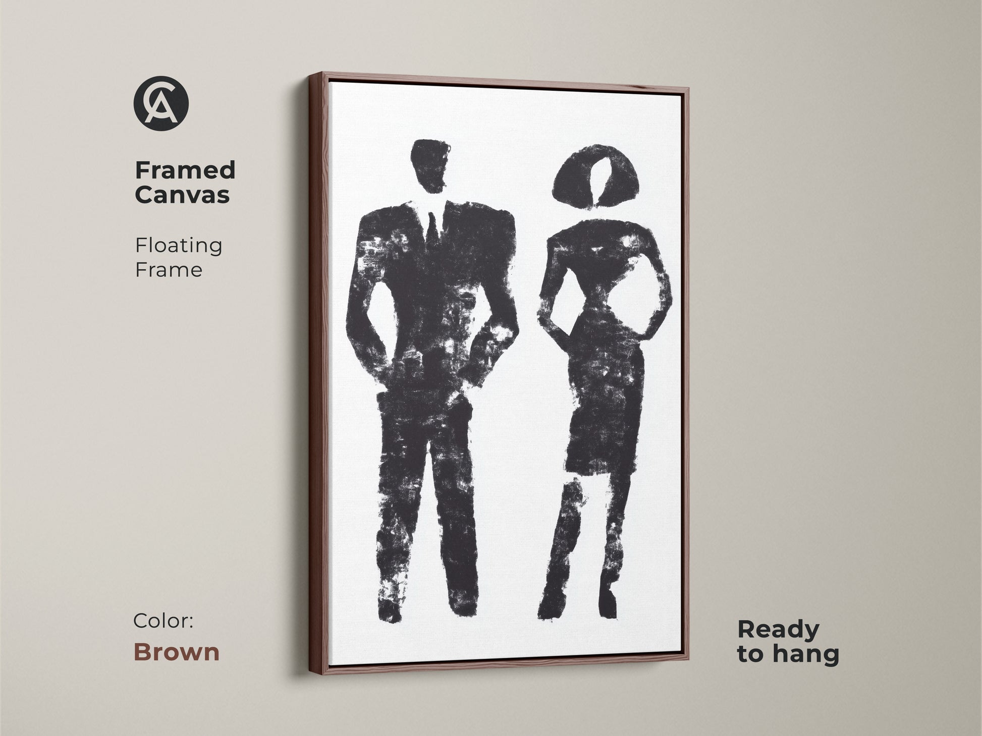 Monochrome canvas decor featuring minimalist abstract figures of a man and woman. This contemporary art piece is ideal for modern office wall art. It serves as a stylish and thoughtful business professional gift.
