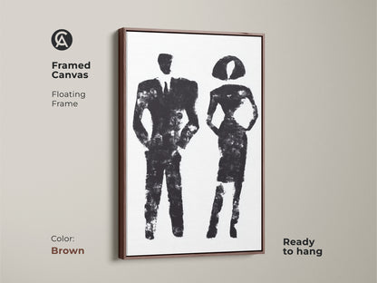 Monochrome canvas decor featuring minimalist abstract figures of a man and woman. This contemporary art piece is ideal for modern office wall art. It serves as a stylish and thoughtful business professional gift.
