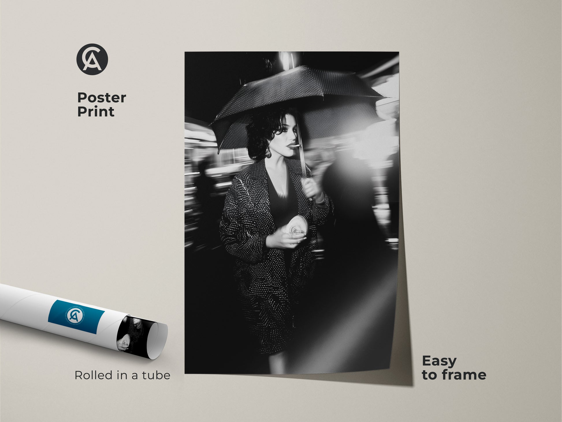 Enhance your home with this striking street photography art. This poster print features a monochrome woman with umbrella. It is easy to frame. The rolled print arrives in a tube. This artwork adds a contemporary touch to any room. A perfect addition for fashionista decor.
