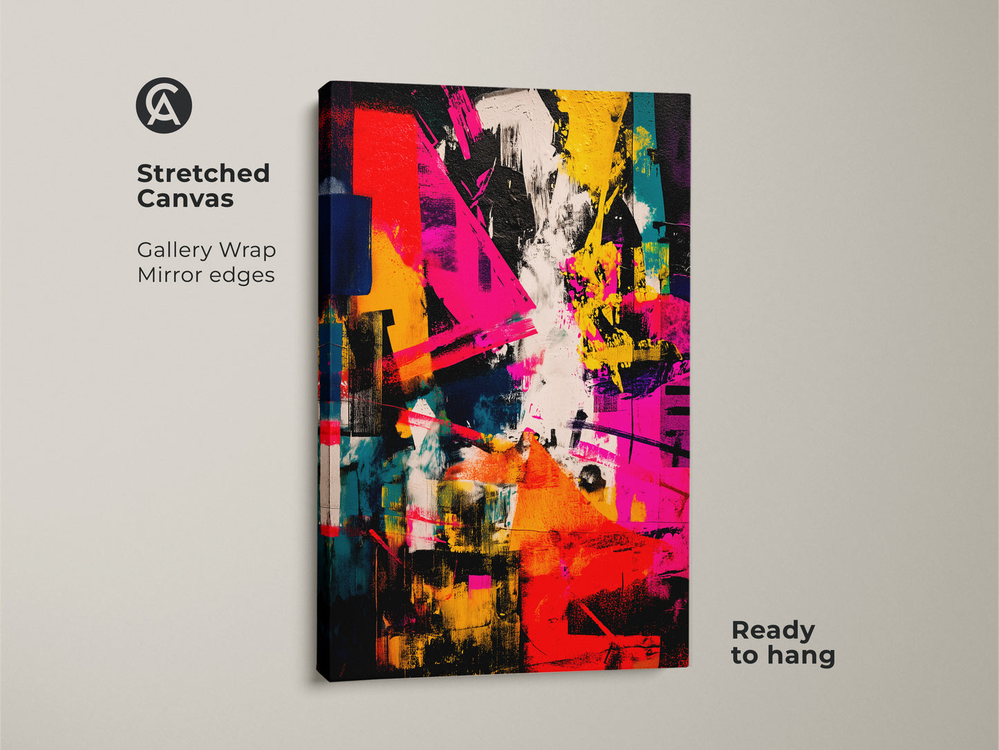 Stretched canvas print featuring an abstract expressionist style. Gallery wrapped canvas with mirrored edges. The contemporary artwork adds a pop of color. Ready to hang for easy installation. Perfect for modern art lovers.