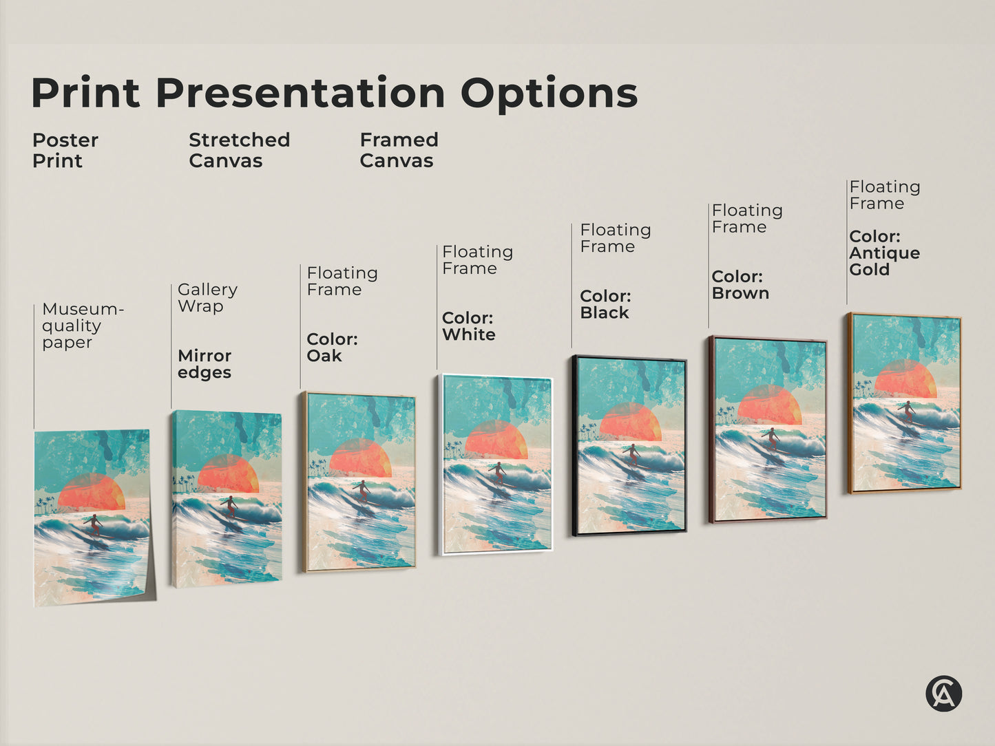 Explore our print presentation options for this surfer artwork. Choose from poster prints stretched canvas and framed canvas. Each option highlights the beauty of this ocean-themed artwork. Find the perfect style to complement your home decor.