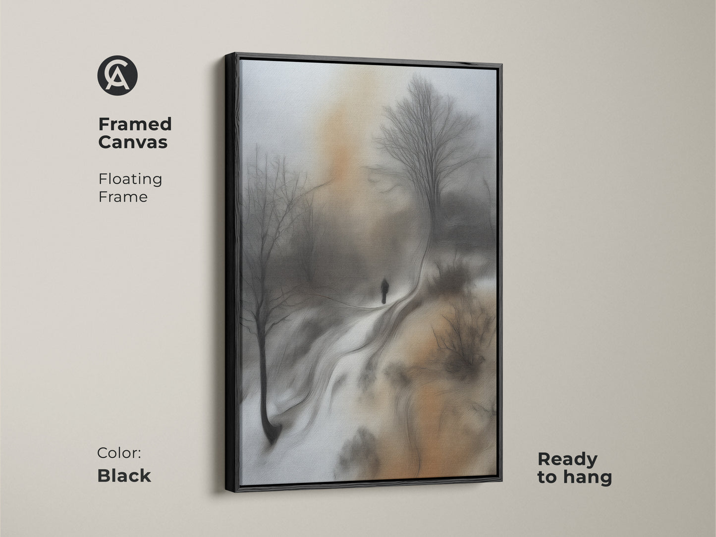 Framed canvas of a modern sepia landscape. Black floating frame enhances the artwork. Ready to hang wall art features a solitary figure in a winter scene. Contemplative nature scene.