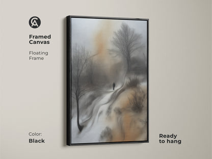 Framed canvas of a modern sepia landscape. Black floating frame enhances the artwork. Ready to hang wall art features a solitary figure in a winter scene. Contemplative nature scene.
