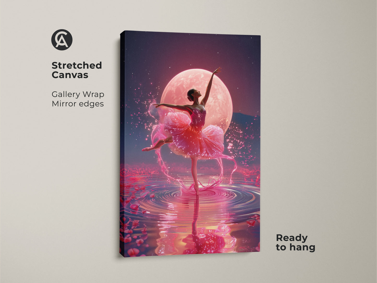 Stretched canvas print of a ballerina under a pink moon ready to hang. The gallery wrap has mirrored edges. This ballet dancer artwork uses fuchsia and magenta hues. It is a dreamy addition to any room.