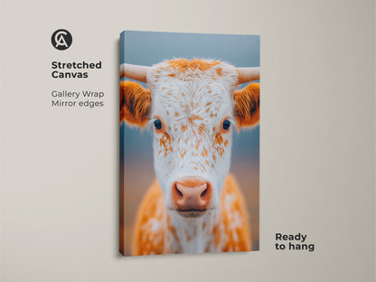 Stretched canvas gallery wrap of a longhorn calf. Mirror edges create a clean look. The canvas is ready to hang. This portrait adds warmth and character. The art is professionally produced.