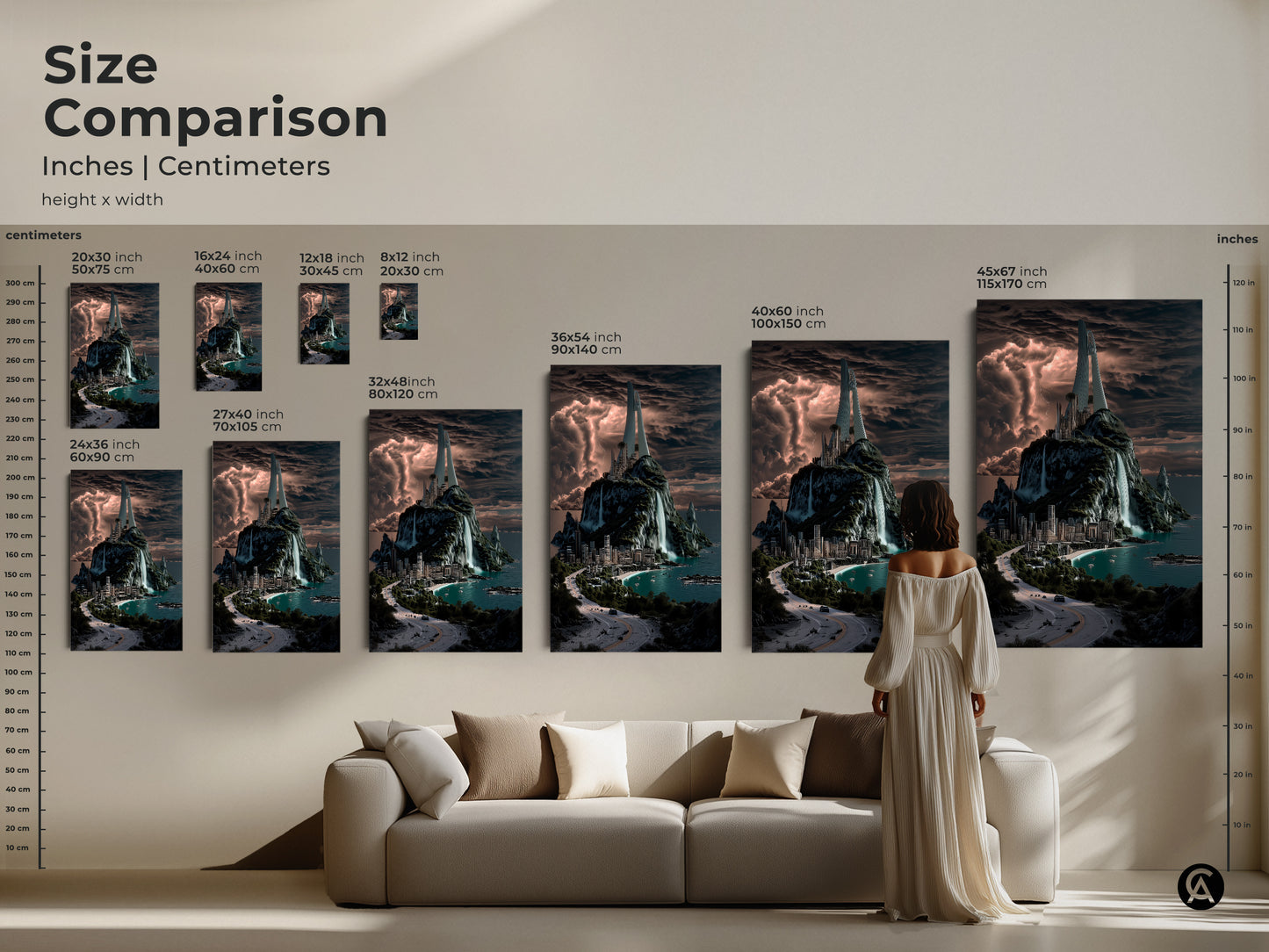 Size comparison inches and centimeters artwork. See how different sizes look in a living room setting. Canvas and poster options available. Choose the ideal size for your wall art now.