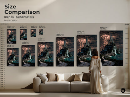 Size comparison inches and centimeters artwork. See how different sizes look in a living room setting. Canvas and poster options available. Choose the ideal size for your wall art now.