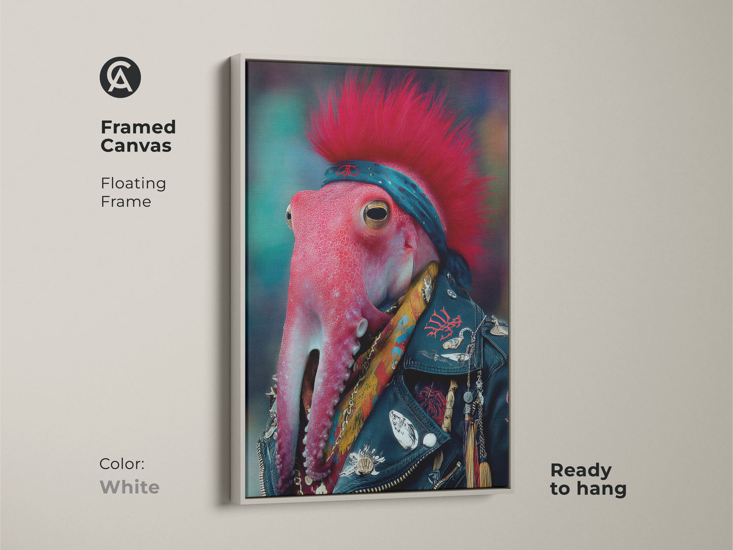 Framed Canvas in White Featuring a Punk Rocker Octopus. Ready to hang this surreal animal artwork enhances any wall. Perfect eclectic wall decor for music enthusiasts.