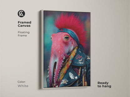 Framed Canvas in White Featuring a Punk Rocker Octopus. Ready to hang this surreal animal artwork enhances any wall. Perfect eclectic wall decor for music enthusiasts.