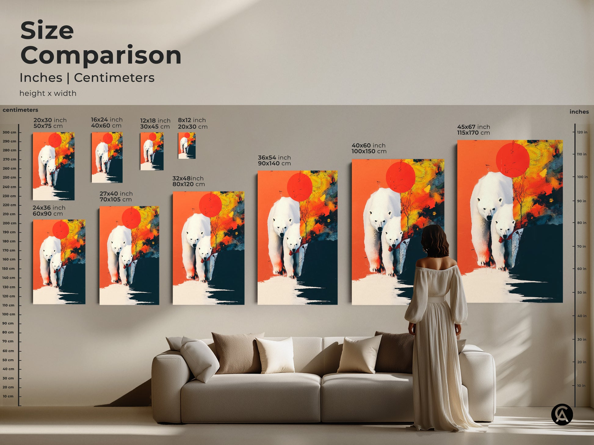 Compare sizes of our abstract polar bear artwork. Available in various dimensions this canvas print fits perfectly above sofas. Discover the ideal modern wall decor to enhance your living room. Transform your home today with wildlife art.