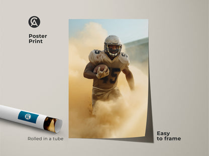 This poster print captures a football player in motion. The modern sports art is easy to frame and adds a dynamic touch to any space. Rolled in a tube this sports action wall art is a great gift for football fans and athletes.