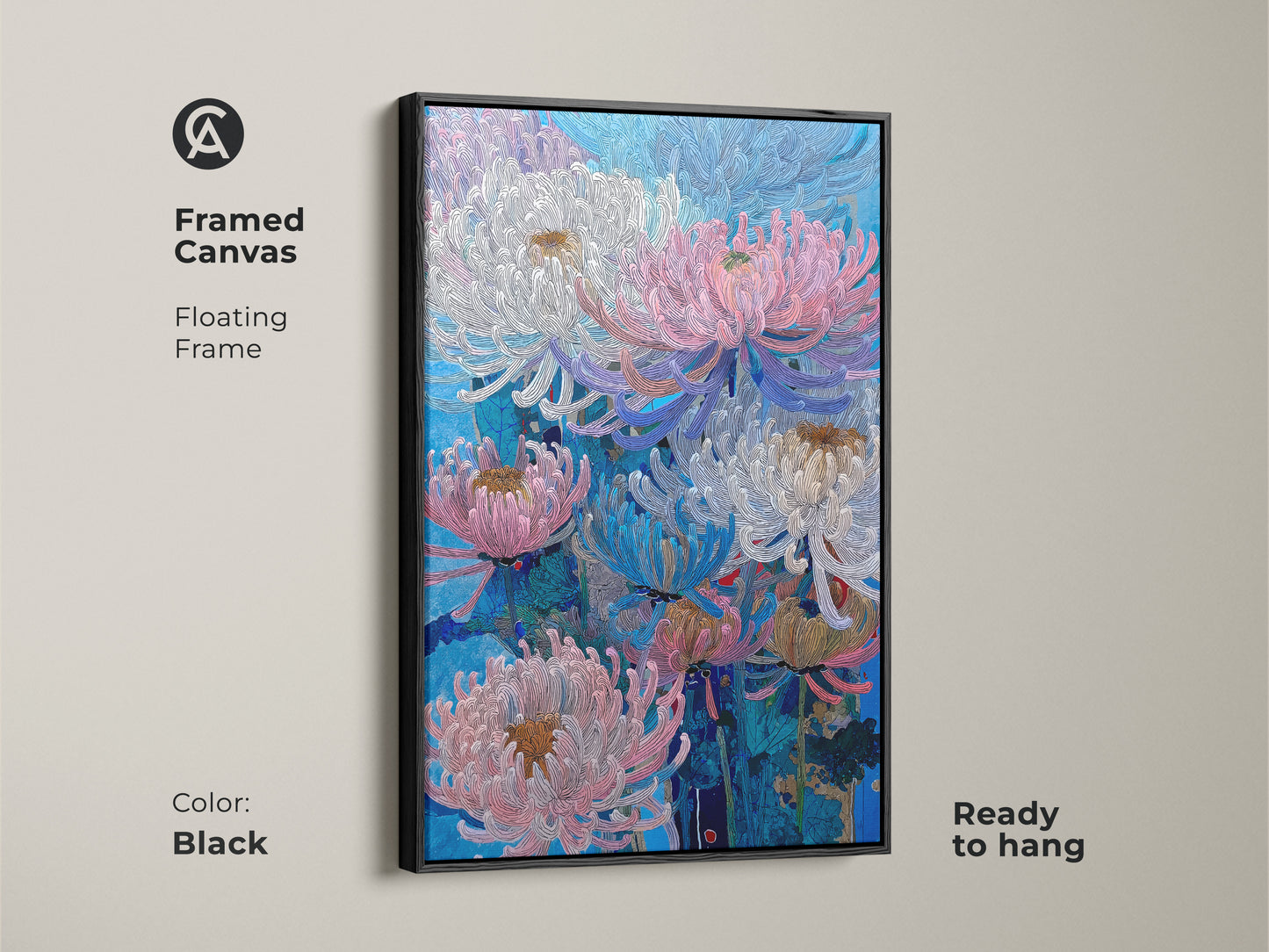 Framed canvas features pink blue and white Chrysanthemums with a floating frame. The black frame enhances this botanical nature wall art. Ready to hang floral artwork for bedroom or living room. This modern flower art adds contemporary elegance to your home decor.