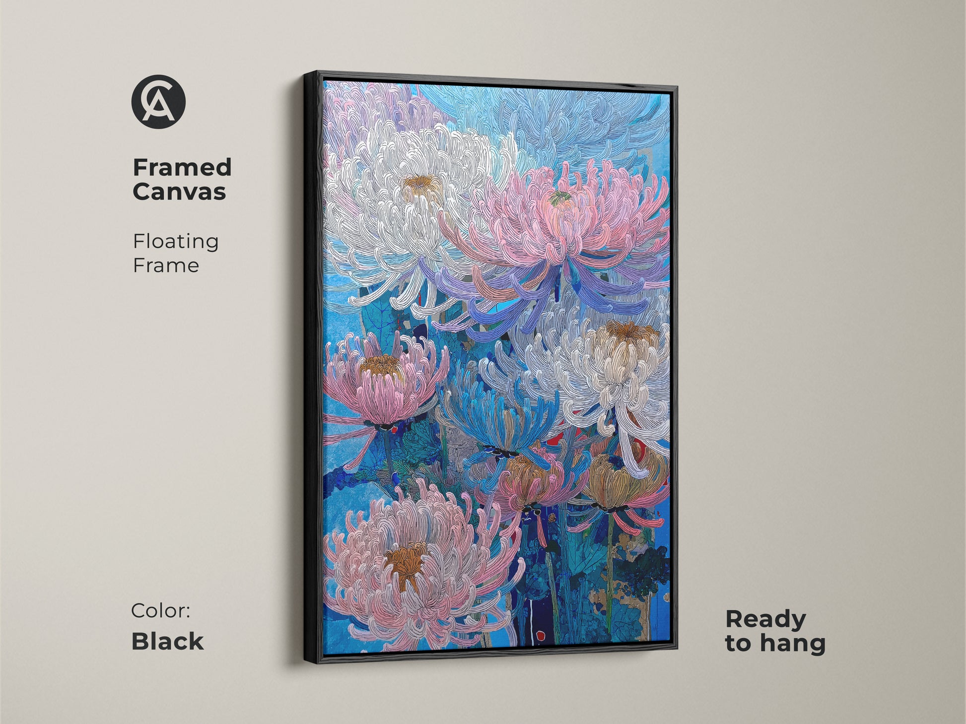Framed canvas features pink blue and white Chrysanthemums with a floating frame. The black frame enhances this botanical nature wall art. Ready to hang floral artwork for bedroom or living room. This modern flower art adds contemporary elegance to your home decor.