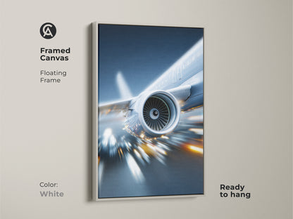 White framed canvas showcasing a contemporary jet engine artwork. Ready to hang this floating frame print offers a clean modern look. Perfect for adding aviation flair to any space.