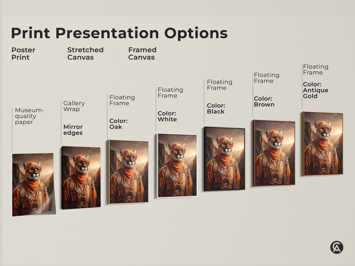Various Print Presentation Options of the Amber Mountain Cougar Artwork. Showing poster prints and stretched canvas options. Framed canvas in black brown white oak and antique gold. This artwork will give you adventure and modern style to any space.