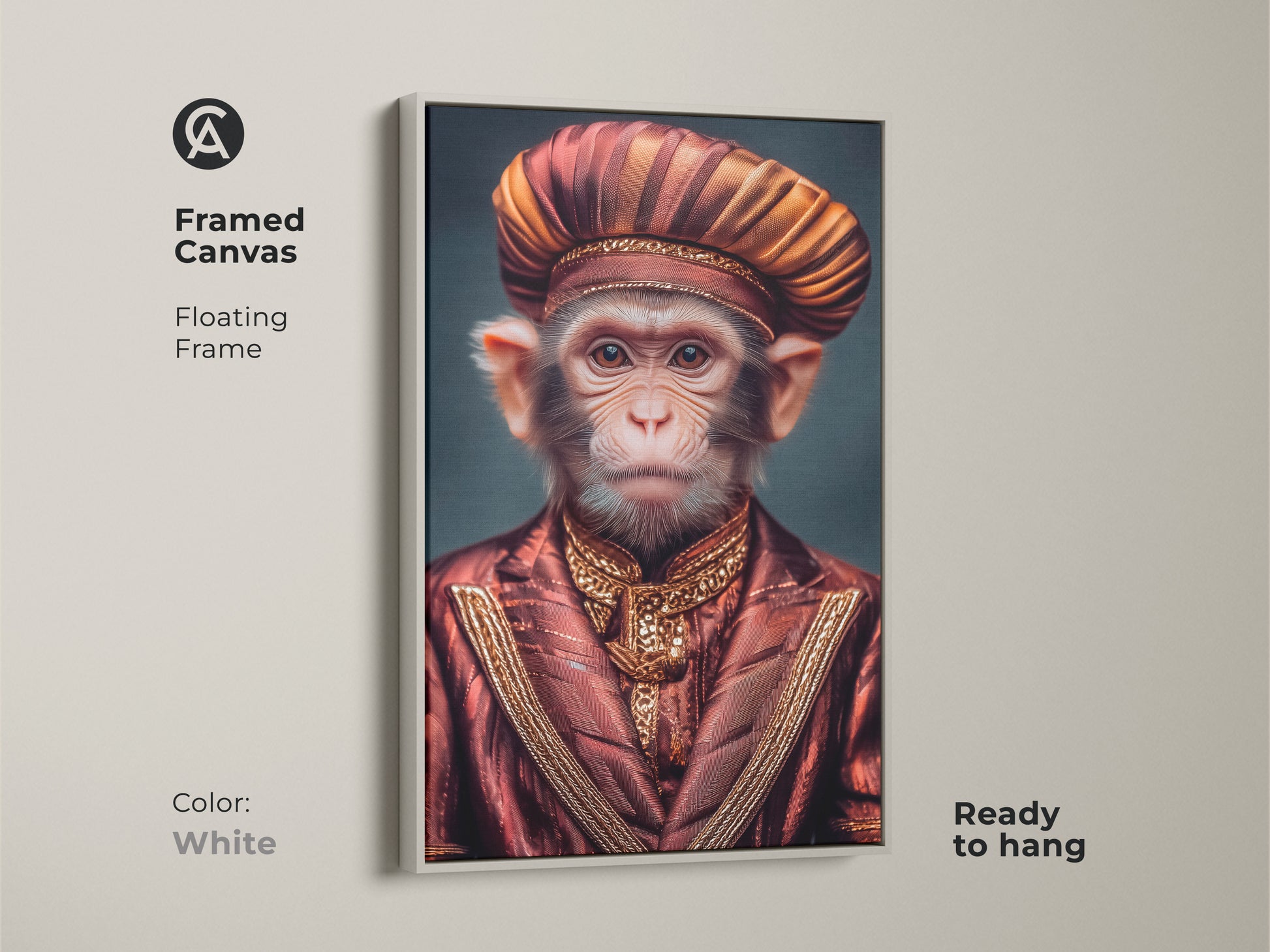 A framed canvas of a regal monkey art print. The surreal portrait features a monkey in an ornate red and gold suit and turban. The floating frame is white. Ready to hang the curious monkey wall hanging adds a sophisticated element to any space. This unique fine art print is a stylish office wall art.