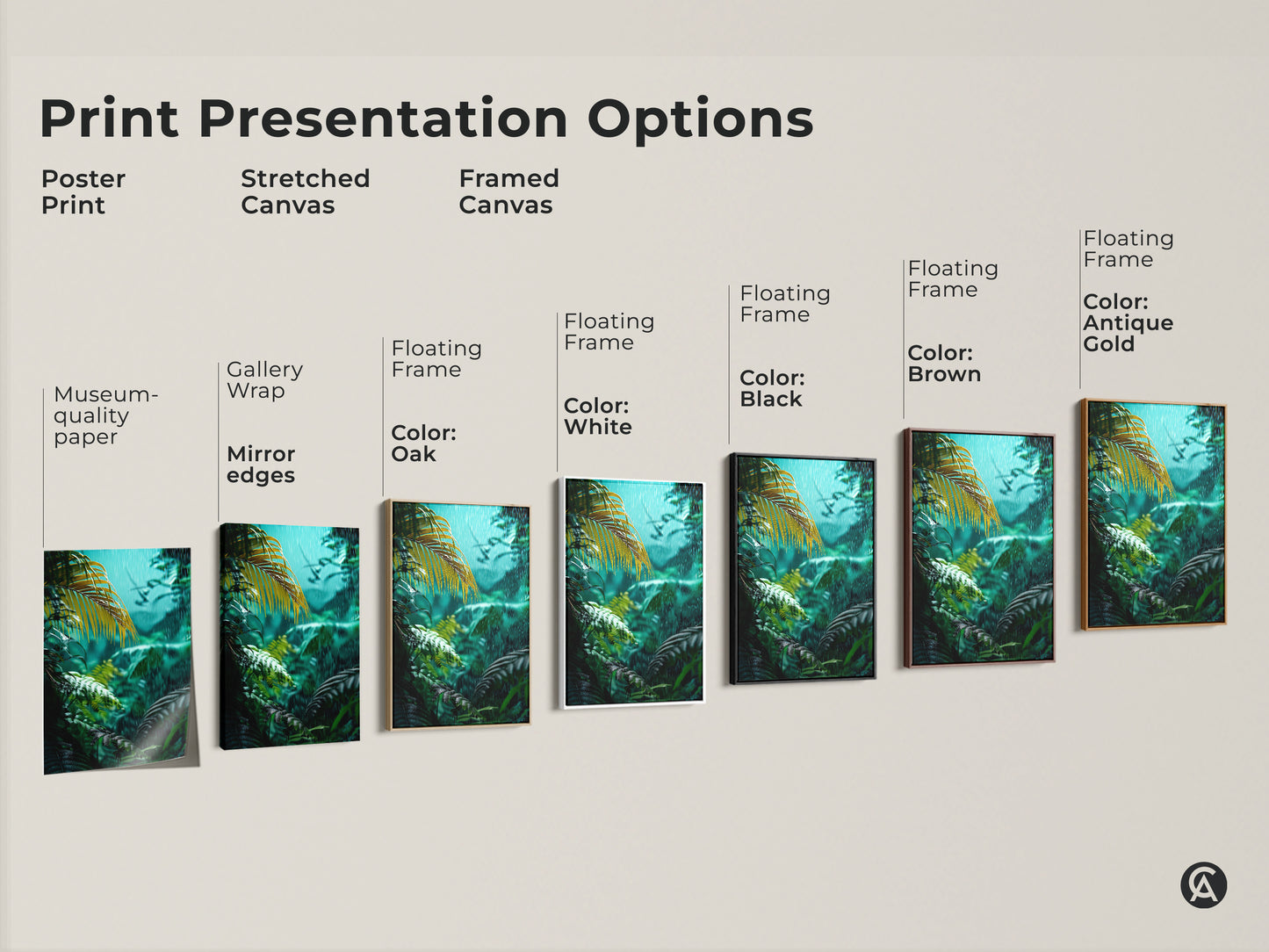 Print presentation options for rainforest canvas art. Choose from poster print stretched canvas or framed canvas. Select a floating frame in black brown oak white or antique gold. Museum quality paper and mirror edges available.