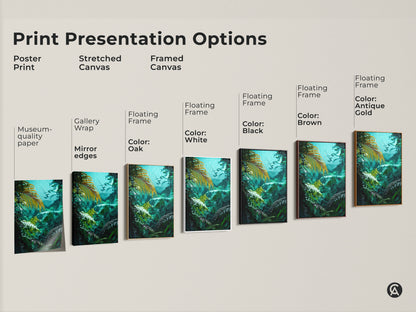Print presentation options for rainforest canvas art. Choose from poster print stretched canvas or framed canvas. Select a floating frame in black brown oak white or antique gold. Museum quality paper and mirror edges available.