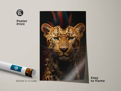 Poster print of the punk rock leopard artwork rolled in a tube for easy framing. This wildlife portrait canvas is a unique animal lover gift. Featuring gothic animal wall art it will add style to any office or home space. The modern animal print boasts an orange brown colour palette for eclectic decor.