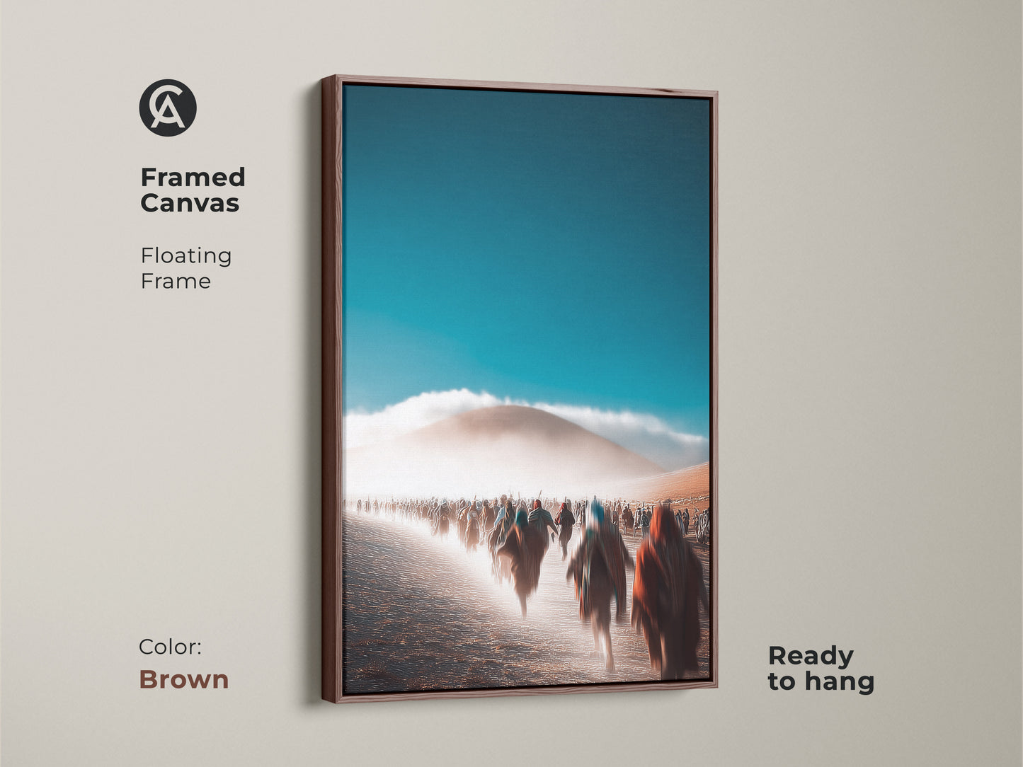 Framed canvas with a floating frame showcasing an abstract desert procession. Brown frame offers a warm natural aesthetic. The teal and orange hues create a captivating visual. Ready to hang for effortless installation. Contemporary home decor enhances any living room. Ideal as travel lover gift.