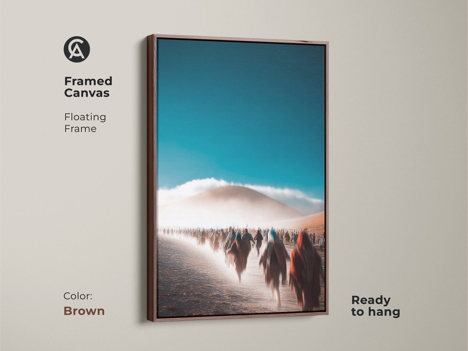 Framed canvas with a floating frame showcasing an abstract desert procession. Brown frame offers a warm natural aesthetic. The teal and orange hues create a captivating visual. Ready to hang for effortless installation. Contemporary home decor enhances any living room. Ideal as travel lover gift.