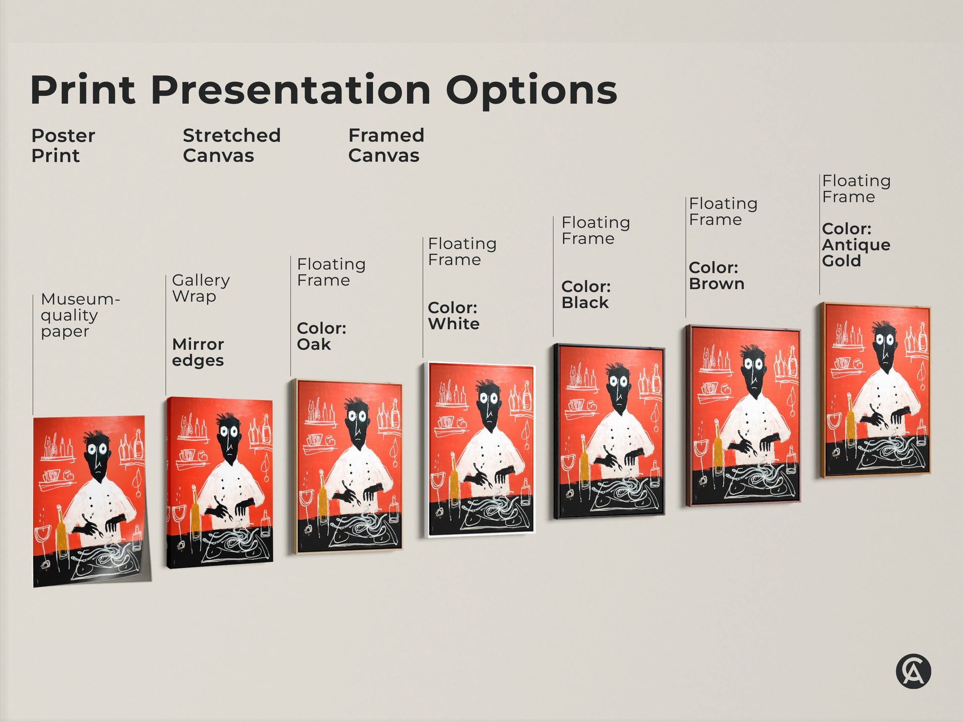 Print options include poster stretched and framed canvas art of a chef with spaghetti. Red kitchen wall art in modern folk style for eclectic home decor. Choose gallery wrap or floating frame. Great wall hangings for home cooks adding artistic expression to kitchens.