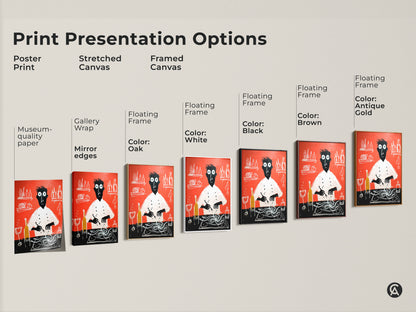 Print options include poster stretched and framed canvas art of a chef with spaghetti. Red kitchen wall art in modern folk style for eclectic home decor. Choose gallery wrap or floating frame. Great wall hangings for home cooks adding artistic expression to kitchens.