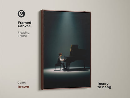 Framed canvas print of a pianist illuminated by a single spotlight. This ready-to-hang artwork features a brown floating frame. It makes a great addition to any music lover's collection.