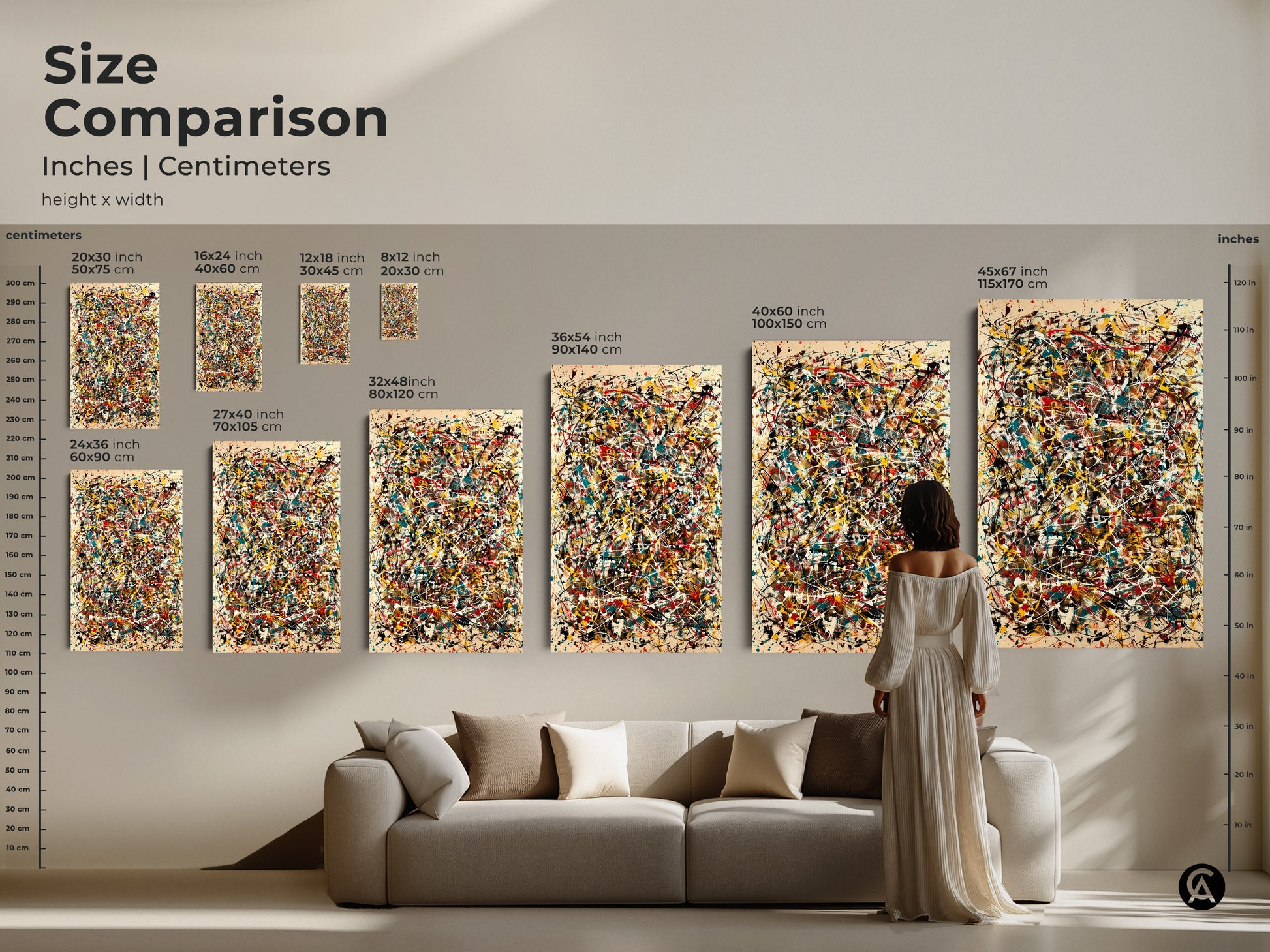 Size comparison of abstract artwork in inches and centimeters. View canvas and poster prints in various dimensions. From small to large see how the art scales in a living room setting. Find the perfect fit for your home.