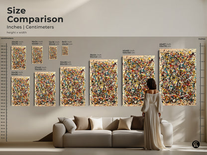 Size comparison of abstract artwork in inches and centimeters. View canvas and poster prints in various dimensions. From small to large see how the art scales in a living room setting. Find the perfect fit for your home.