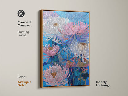 Framed canvas features pink blue and white Chrysanthemums with a floating frame. The antique gold frame accentuates this botanical nature wall art. Ready to hang floral artwork for bedroom or living room. This modern flower art adds contemporary elegance to your home decor.