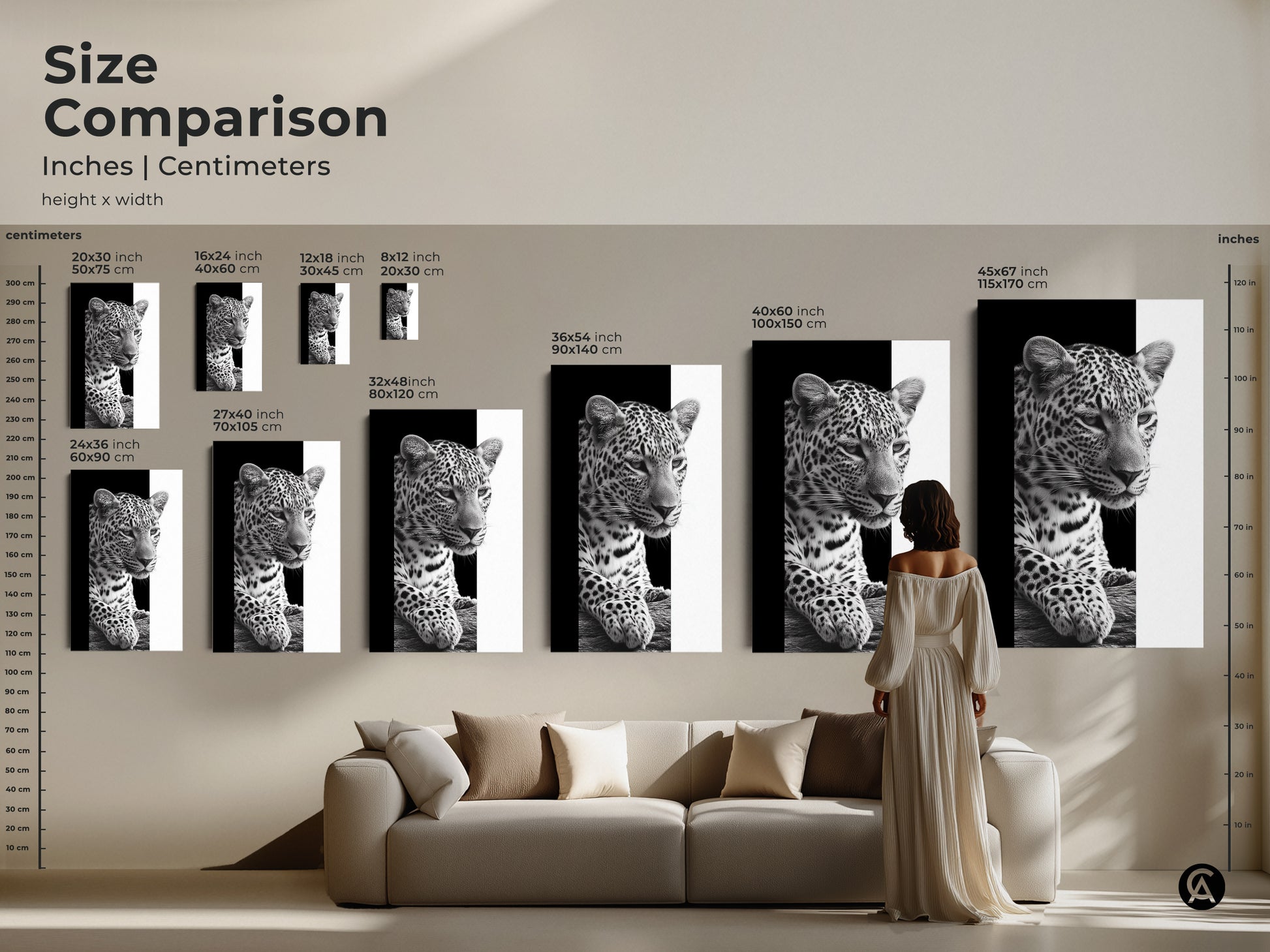 Size comparison of the monochrome leopard art print in inches and centimeters. The art is available as canvas or poster in various sizes. Visualize the impact of this animal wall art in your living space. From small accents to large statement pieces find the ideal size. Transform your home with fine art wildlife photography.