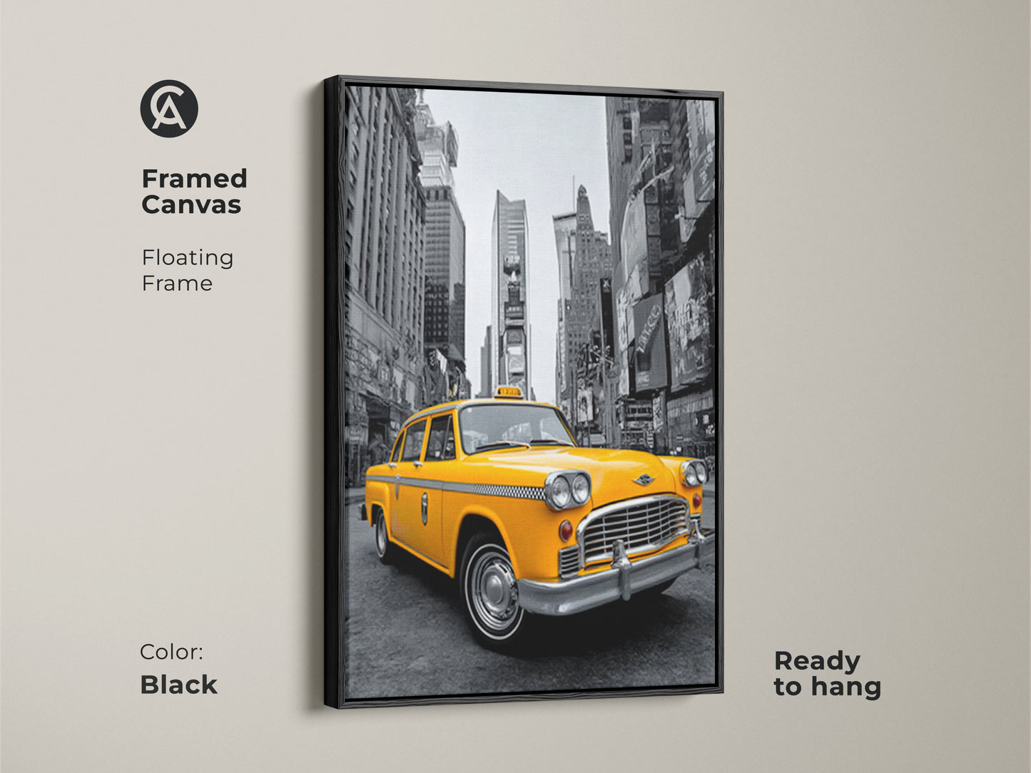 This framed canvas features a yellow taxi artwork. The floating frame in black adds a modern touch. Ready to hang this canvas art will elevate any room. The New York City scene in black and white contrasts beautifully with the taxi. A stylish piece for taxi and city enthusiasts.