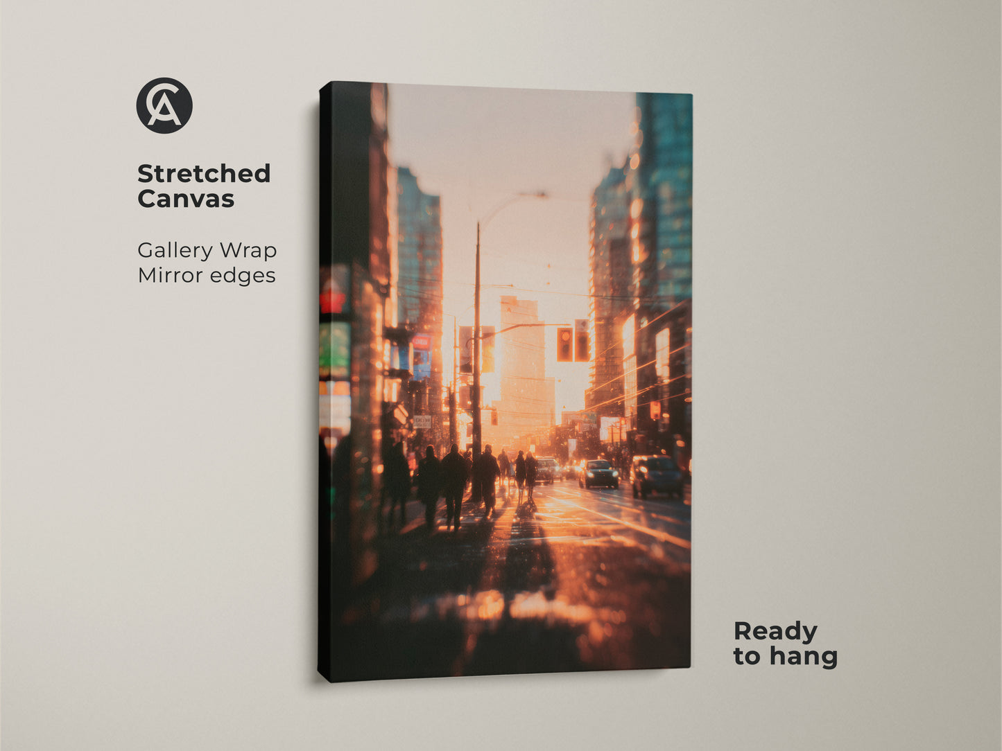 Stretched canvas art print showcasing a vibrant cityscape at sunset. Gallery wrapped with mirrored edges for a seamless look. The blurred effect gives a dreamy quality to the urban scene. It's a ready to hang piece that brings modern art to your home decor.