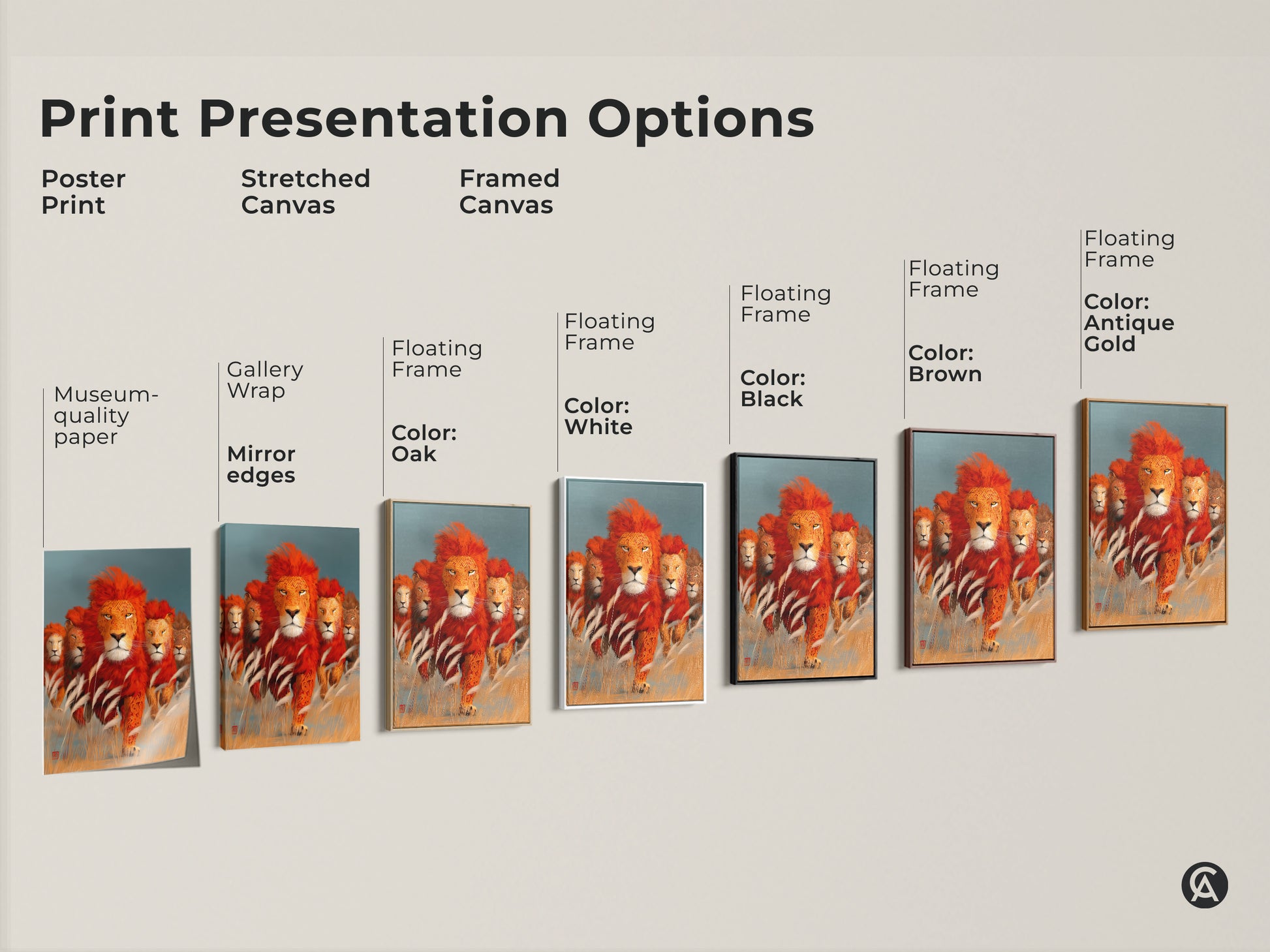 Print presentation options showcasing majestic lion family artwork. See poster print stretched canvas and framed canvas styles. Choose from gallery wrap mirror edges and museum quality paper. Floating frame options include oak white black brown and antique gold. Perfect for eclectic home decor.