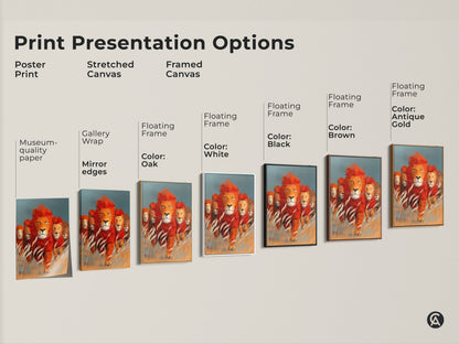 Print presentation options showcasing majestic lion family artwork. See poster print stretched canvas and framed canvas styles. Choose from gallery wrap mirror edges and museum quality paper. Floating frame options include oak white black brown and antique gold. Perfect for eclectic home decor.