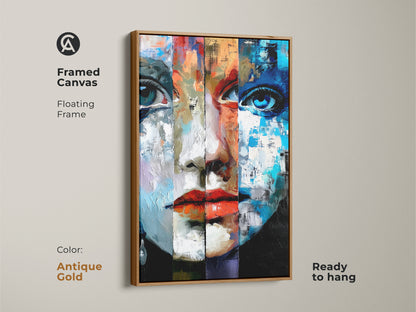Antique Gold Framed Canvas featuring an abstract woman's face with Expressionist flair. The floating frame complements the blue red and orange color palette. This eclectic home accent makes a unique birthday gift for art lovers.