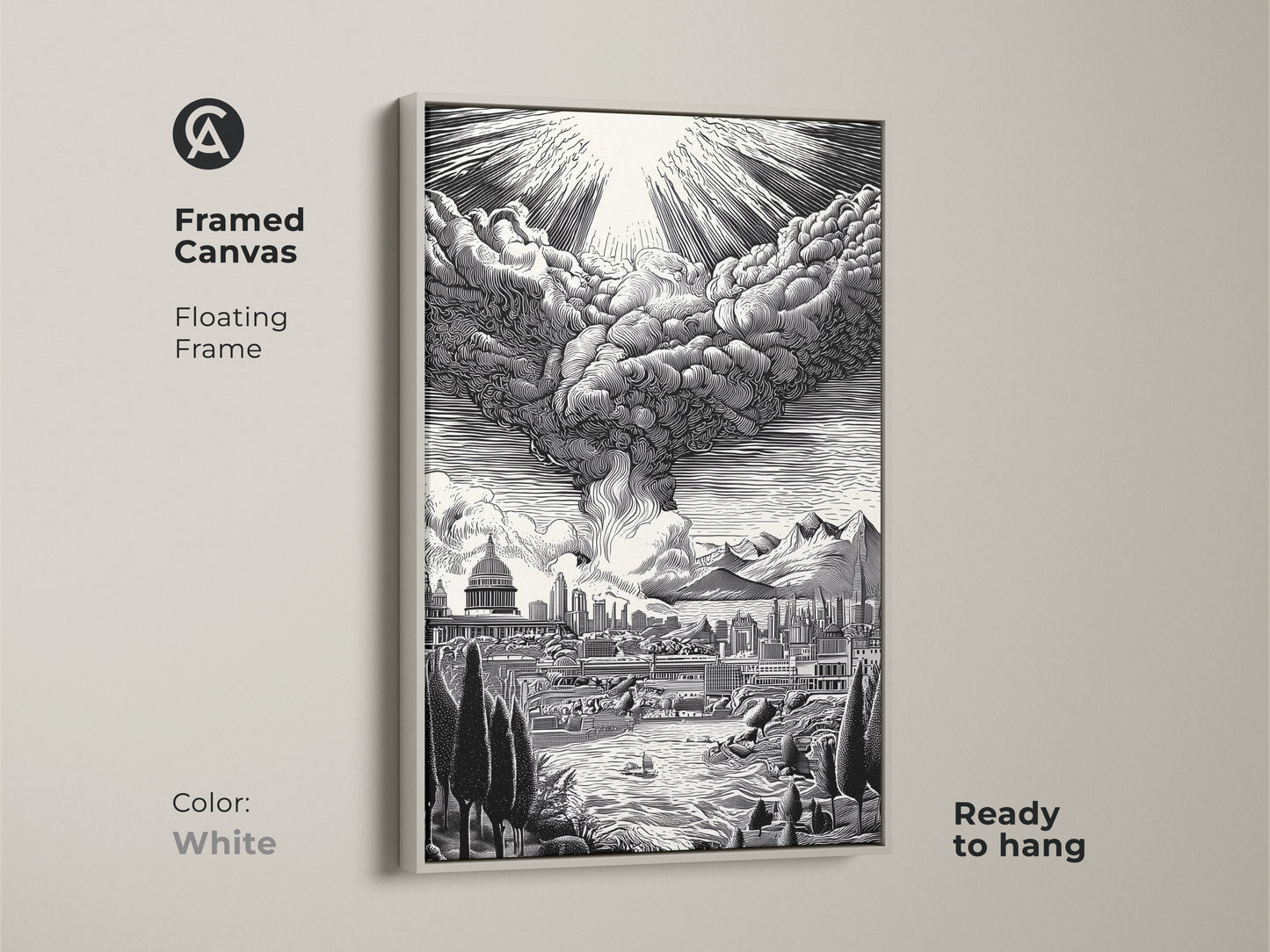 Framed canvas artwork with a floating frame. This white-framed art presents a cityscape with a dramatic sky. The monochrome artwork is ready to hang. It complements any decor style. This artwork is perfect for a clean modern look. Discover framed canvas art online now.