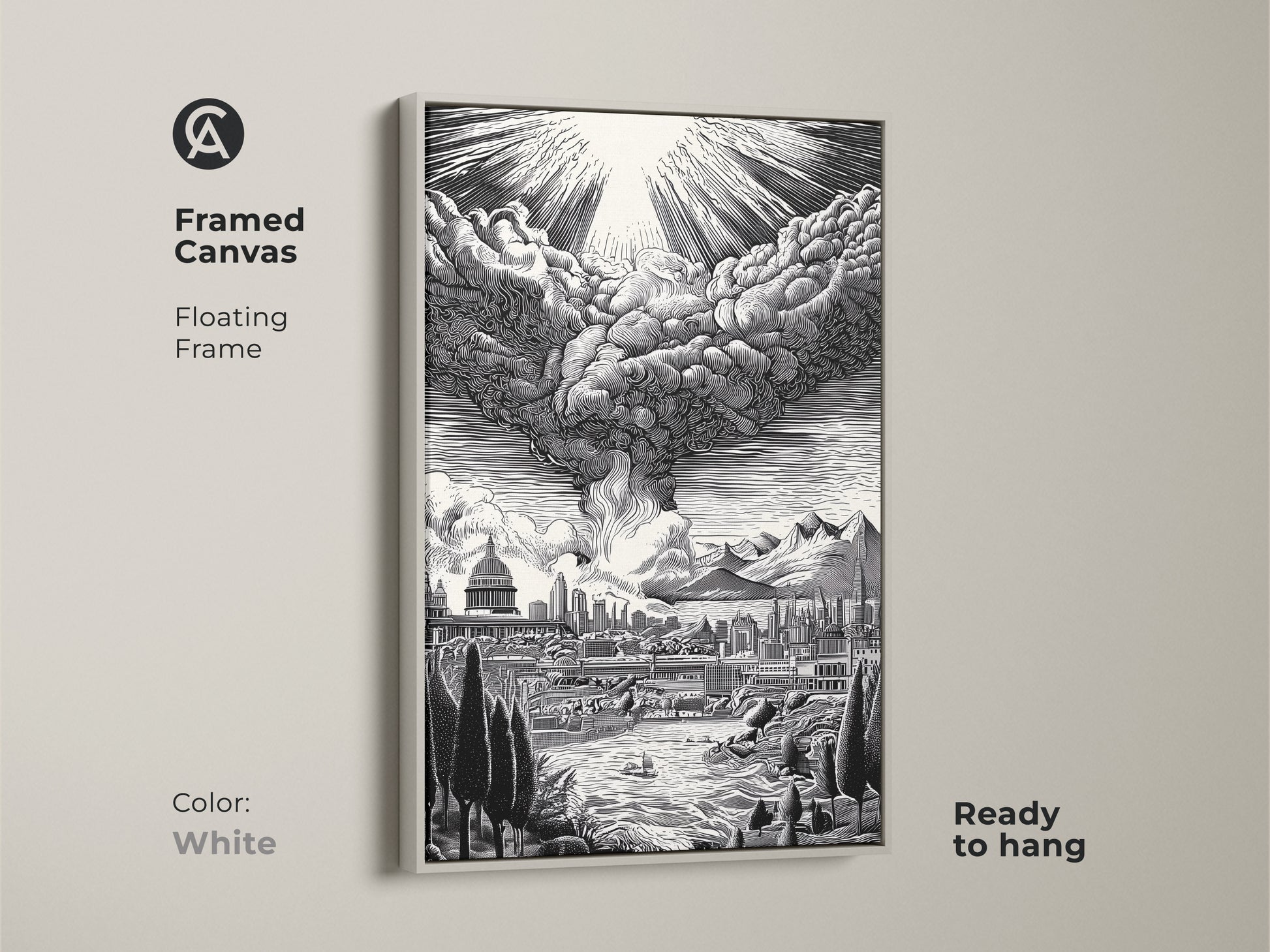 Framed canvas artwork with a floating frame. This white-framed art presents a cityscape with a dramatic sky. The monochrome artwork is ready to hang. It complements any decor style. This artwork is perfect for a clean modern look. Discover framed canvas art online now.