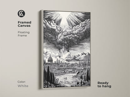 Framed canvas artwork with a floating frame. This white-framed art presents a cityscape with a dramatic sky. The monochrome artwork is ready to hang. It complements any decor style. This artwork is perfect for a clean modern look. Discover framed canvas art online now.
